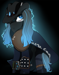 Size: 386x495 | Tagged: safe, artist:crimmharmony, oc, oc only, oc:frontier justice, oc:shadow spade, pony, unicorn, fallout equestria, fallout equestria: kingpin, alter ego, armor, aura, bandana, beauty mark, black background, black eyeshadow, blank, blank of rarity, blue eyes, clothes, commissioner:genki, cowboy hat, cowboy outfit, dead eyes, discharge, eye scar, eyeshadow, female, hat, horn, lawbringer, magic, magic aura, makeup, mane highlights, mare, mask, messy mane, mutation, not rarity, pipboy, pipbuck, poncho, scar, shoes, simple background, solo, spiked armor, spurs, unicorn oc, vigilante, wet mane