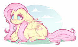 Size: 1127x686 | Tagged: safe, artist:drowsydolls, fluttershy, pegasus, pony, g4, cloud, cute, female, floppy ears, mare, no pupils, prone, shyabetes, sky, solo