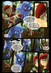 Size: 1240x1754 | Tagged: safe, artist:lunarcakez, princess luna, oc, oc:scarlett rain, earth pony, pony, comic:the origins of hollow shades, g4, bag, blood, bottle, cloak, clothes, comic, female, mare, s1 luna, saddle bag