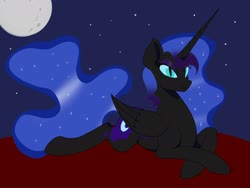 Size: 2098x1580 | Tagged: safe, artist:iron curtain, nightmare moon, alicorn, pony, ethereal mane, eyeshadow, female, lidded eyes, looking at you, makeup, mare, missing accessory, moon, night, prone, sky, slit pupils, solo, starry mane, stars