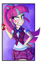 Size: 1280x2068 | Tagged: dead source, safe, artist:wubcakeva, sour sweet, equestria girls, g4, my little pony equestria girls: friendship games, angry, can, clothes, crystal prep academy uniform, female, freckles, looking at you, necktie, school uniform, scowl, solo, sour rage