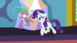 Size: 1920x1080 | Tagged: safe, screencap, rarity, spike, dragon, pony, unicorn, dragon dropped, g4, my little pony: friendship is magic, backpack, duo, female, flying, male, mare, winged spike, wings