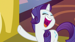 Size: 1920x1080 | Tagged: safe, screencap, rarity, pony, unicorn, dragon dropped, g4, eyes closed, female, laughing, mare, open mouth, raised hoof, solo