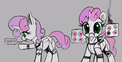 Size: 2520x1281 | Tagged: safe, artist:xbi, sweetie belle, pony, robot, robot pony, unicorn, g4, cute, dialogue, diasweetes, female, gray background, gun, implied execution, looking at you, rocket launcher, shooting, simple background, sketch, smoke, solo, sweetie bot, weapon, weapons-grade cute