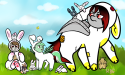 Size: 10000x6000 | Tagged: safe, artist:henneysee86, oc, oc:broken flare, oc:cough drop, oc:jester pi, dracony, dragon, hybrid, pegasus, pony, rabbit, angry, animal, clothes, costume, easter, festive, grass, holiday, hopping, outdoors, patchwork, piercing, tongue out