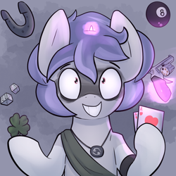 Size: 2000x2000 | Tagged: safe, artist:triplesevens, oc, oc only, oc:triple sevens, pony, unicorn, 8 ball, cancer (horoscope), card, dice, face paint, grin, gun, handgun, high res, horn, horseshoes, male, revolver, small horn, smiling, solo, weapon