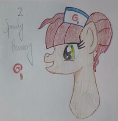 Size: 2858x2924 | Tagged: safe, artist:anenglishamongscots, oc, oc only, oc:speedy recovery, earth pony, pony, bust, cutie mark, female, hat, high res, mare, nurse, paper, pencil, simple background, smiling, solo, traditional art, white background