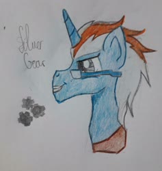 Size: 2877x3033 | Tagged: safe, artist:anenglishamongscots, oc, oc only, oc:silver gear, pony, unicorn, bust, cutie mark, glasses, high res, male, paper, pencil, simple background, smiling, solo, stallion, traditional art, white background
