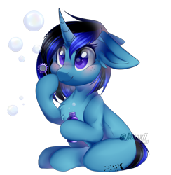 Size: 1434x1472 | Tagged: safe, artist:mxnxii, oc, oc only, oc:lunar fury, pony, unicorn, blowing bubbles, blushing, chest fluff, female, floppy ears, mare, simple background, solo, transparent background