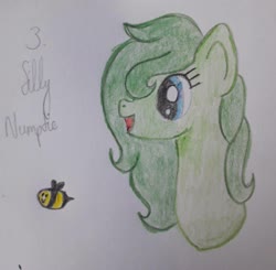 Size: 2664x2607 | Tagged: safe, artist:anenglishamongscots, oc, oc only, oc:silly numptie, bee, insect, pony, bust, cutie mark, female, high res, mare, mlplounge, open mouth, paper, pencil, reddit, simple background, smiling, solo, traditional art, white background