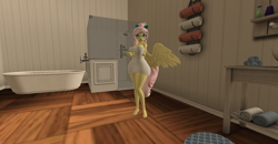 Size: 1920x1001 | Tagged: safe, artist:melimoo2000, fluttershy, pegasus, anthro, g4, 3d, barefoot, bath, bathroom, bathtub, bow, breasts, busty fluttershy, feet, female, glasses, hair bow, looking at you, second life, shower, solo, tied mane, towel, towel around waist, wings