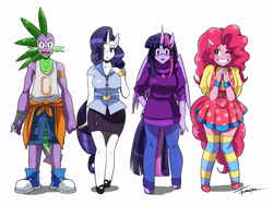 Size: 2160x1620 | Tagged: safe, artist:traupa, pinkie pie, rarity, spike, twilight sparkle, alicorn, dragon, earth pony, unicorn, anthro, unguligrade anthro, big breasts, breasts, busty pinkie pie, busty rarity, busty twilight sparkle, clothes, converse, dress, eyeshadow, female, glasses, grin, group, hair over one eye, jeans, makeup, male, mare, pants, quartet, shirt, shoes, shorts, signature, simple background, smiling, socks, striped socks, thigh highs, twilight sparkle (alicorn), white background