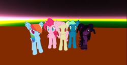 Size: 1368x705 | Tagged: safe, artist:melimoo2000, fluttershy, pinkie pie, rainbow dash, sky stinger, oc, oc:blood rose, bat pony, pony, succubus, succubus pony, g4, 3d, bat ears, bat ponified, bat pony oc, bat wings, clothes, female, fishnet stockings, flutterbat, folded wings, horns, long hair, long mane, long tail, male, male and female, mare, mare and stallion, race swap, second life, slit pupils, stallion, standing, stockings, succubus oc, surrounded by mares, thigh highs, wings