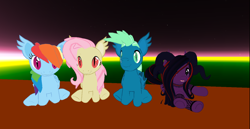 Size: 1368x705 | Tagged: safe, artist:melimoo2000, fluttershy, rainbow dash, sky stinger, oc, oc:blood rose, bat pony, pony, succubus, succubus pony, g4, 3d, bat ears, bat ponified, bat pony oc, bat wings, clothes, female, fishnet stockings, flutterbat, folded wings, horns, male, male and female, mare, mare and stallion, race swap, second life, sitting, sitting together, slit pupils, stallion, stockings, succubus oc, surrounded by mares, thigh highs, wings