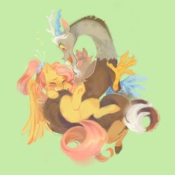 Size: 1280x1280 | Tagged: safe, artist:iksiudodi, discord, fluttershy, draconequus, pegasus, pony, g4, the last problem, 2020, blushing, cute, discute, eyes closed, female, flower, flower in hair, green background, male, mare, older, older fluttershy, open mouth, ship:discoshy, shipping, shyabetes, simple background, smiling, straight, wholesome