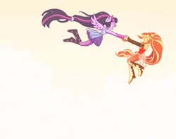 Size: 2048x1617 | Tagged: dead source, safe, artist:chapaghettii, sci-twi, sunset shimmer, twilight sparkle, equestria girls, equestria girls specials, g4, my little pony equestria girls: better together, my little pony equestria girls: forgotten friendship, boots, clothes, cloud, dress, duo, eyes closed, female, flying, glasses, holding hands, lesbian, open mouth, ponied up, ponytail, ship:sci-twishimmer, ship:sunsetsparkle, shipping, shoes, sky