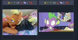 Size: 1125x586 | Tagged: safe, edit, edited screencap, screencap, ms. harshwhinny, spike, dragon, earth pony, pony, derpibooru, g4, female, juxtaposition, male, mare, meta, plushie, shrunken pupils