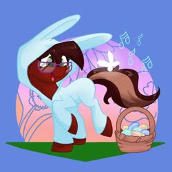 Size: 1280x1280 | Tagged: safe, artist:cadetredshirt, oc, oc only, oc:cadetpone, butterfly, earth pony, pony, basket, clothes, commission, easter, easter basket, easter bunny, easter egg, easter hunt, female, glasses, gradient background, green eyes, holiday, mare, missing accessory, music notes, red coat, red tail, simple background, singing, smiling, solo, two toned tail, walking, ych result