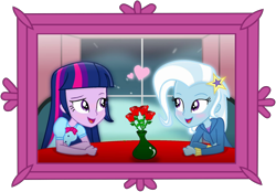 Size: 6250x4351 | Tagged: safe, artist:ejlightning007arts, artist:grapefruitface1, edit, trixie, twilight sparkle, equestria girls, g4, blushing, bust, date, female, lesbian, portrait, ship:twixie, shipping, show accurate, simple background, transparent background