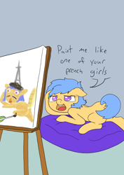 Size: 1000x1414 | Tagged: safe, artist:happy harvey, oc, oc only, oc:anon, oc:little league, beret, bread, draw me like one of your french girls, eiffel tower, female, filly, food, hat, painting, phone drawing, prench
