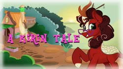 Size: 1280x720 | Tagged: safe, artist:cadetredshirt, oc, oc only, oc:cadetpone, kirin, pony, chopsticks, glasses, green eyes, horn, house, kirin-ified, looking at you, red coat, smiling, species swap, sunset, thumbnail, two toned mane