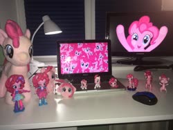 Size: 2018x1514 | Tagged: safe, pinkie pie, earth pony, pony, g4, 4de, figurine, hallmark, irl, looking at you, monitor, multeity, photo, plushie, solo, too much pink energy is dangerous