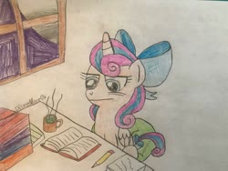 Size: 1280x960 | Tagged: safe, artist:aleximusprime, artist:disneymarvel96, princess flurry heart, alicorn, pony, flurry heart's story, g4, book, bow, drawing, female, food, green tea, hair bow, homework, older, older flurry heart, paper, pencil, scrunchy face, solo, studying, tea, tired, traditional art