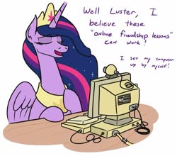 Size: 971x855 | Tagged: safe, artist:jargon scott, twilight sparkle, alicorn, pony, g4, my little pony: friendship is magic, the last problem, computer, coronavirus, covid-19, crt monitor, escii keyboard, eyes closed, female, jewelry, mare, older twilight sparkle (alicorn), princess twilight 2.0, regalia, twilight sparkle (alicorn), webcam