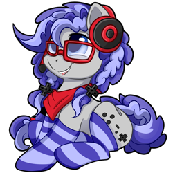 Size: 3065x3066 | Tagged: safe, alternate version, artist:gleamydreams, oc, oc only, oc:cinnabyte, pony, adorkable, bandana, chibi, cinnabetes, clothes, cute, dork, female, gaming headset, glasses, headset, high res, mare, meganekko, pigtails, simple background, socks, solo, striped socks, transparent background