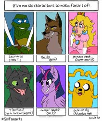 Size: 847x1000 | Tagged: safe, artist:nicalefox, twilight sparkle, alicorn, dog, dragon, human, pony, turtle, anthro, g4, :p, adventure time, anthro with ponies, balto, bust, chest fluff, clothes, crossover, dress, ear fluff, evening gloves, gloves, grin, how to train your dragon, jake the dog, leonardo, long gloves, male, ninja, princess peach, six fanarts, smiling, super mario bros., teenage mutant ninja turtles, tongue out, toothless the dragon, twilight sparkle (alicorn)