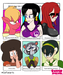 Size: 2016x2408 | Tagged: safe, artist:realstripespage, big macintosh, oc, oc:limus, earth pony, gem (race), human, pony, raccoon, anthro, g4, :o, anthro with ponies, avatar the last airbender, bedroom eyes, boa hancock, breasts, bust, clothes, crossover, ear piercing, female, hairband, high res, magician's quest, male, non-mlp oc, one piece, open mouth, parasoul, piercing, six fanarts, skullgirls, stallion, steven universe, straw in mouth, toph bei fong, unshorn fetlocks, whitney (magician's quest)