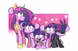 Size: 2202x1457 | Tagged: safe, artist:sourspot, twilight sparkle, alicorn, pony, unicorn, it's about time, the last problem, abstract background, book, crescent moon, crown, cute, female, filly, filly twilight sparkle, future twilight, heart, jewelry, looking at you, mare, moon, multeity, open mouth, princess twilight 2.0, regalia, self ponidox, sitting, smiling, solid sparkle, sparkle sparkle sparkle, stars, sweat, twiabetes, twilight sparkle (alicorn), unicorn twilight, younger