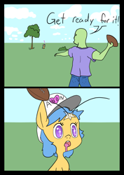 Size: 1000x1414 | Tagged: safe, artist:happy harvey, oc, oc only, oc:anon, oc:little league, human, pony, adult, american football, clothes, cloud, colored pupils, dialogue, drool, female, filly, grass, hat, heart eyes, hit with blunt object, male, pants, phone drawing, shirt, sky, sports, starry eyes, thousand yard stare, wingding eyes