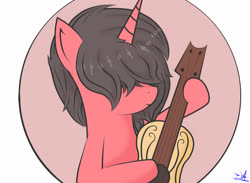 Size: 2800x2055 | Tagged: safe, artist:drawalaverr, oc, oc only, pony, unicorn, bust, covered eyes, female, guitar, high res, mare, musical instrument, playing instrument, portrait, smiling, solo