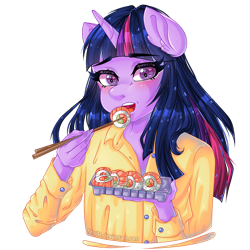 Size: 870x870 | Tagged: safe, artist:finulla, twilight sparkle, salmon, anthro, g4, avocado, blushing, cute, eating, food, meat, ponies eating meat, rice, simple background, sushi, transparent background, twiabetes