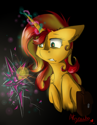 Size: 798x1024 | Tagged: safe, artist:yuris, sunset shimmer, pony, unicorn, g4, broken, cheek fluff, chest fluff, ear fluff, element of magic, female, glowing horn, gritted teeth, horn, leg fluff, looking at something, saddle bag, shoulder fluff, solo