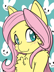 Size: 1536x2048 | Tagged: safe, artist:steelsoul, fluttershy, rabbit, semi-anthro, g4, adorable face, alternate hairstyle, animal, blushing, cheek fluff, chest fluff, cute, female, human shoulders, looking at you, shoulder fluff, shyabetes, smiling, solo
