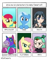 Size: 1024x1223 | Tagged: safe, artist:grapefruitface1, apple bloom, fluttershy, trixie, deity, earth pony, horse, human, humanoid, pegasus, pony, unicorn, g4, abomination track, amity blight, apple, byleth, clothes, crossover, dyed hair, female, female byleth, filly, fire emblem, fire emblem: three houses, food, hudson horstachio, looking at you, mare, piñata, school uniform, show accurate, six fanarts, the owl house, viva piñata, witch