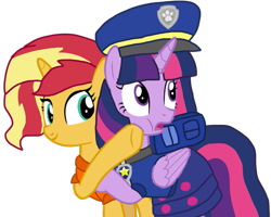 Size: 1277x1023 | Tagged: safe, alternate version, artist:徐詩珮, sunset shimmer, twilight sparkle, alicorn, pony, unicorn, series:sprglitemplight diary, series:sprglitemplight life jacket days, series:springshadowdrops diary, series:springshadowdrops life jacket days, g4, alternate universe, background removed, base used, chase (paw patrol), cheek squish, clothes, female, hat, lesbian, lifejacket, mare, open mouth, paw patrol, paw prints, ship:sunsetsparkle, shipping, simple background, squishy cheeks, transparent background, twilight sparkle (alicorn), underhoof