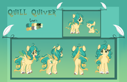 Size: 1530x994 | Tagged: safe, artist:skulifuck, oc, oc only, oc:quill quiver, pegasus, pony, abstract background, baby, baby pony, base used, colored hooves, female, filly, mare, open mouth, pegasus oc, quill, reference sheet, smiling, wings