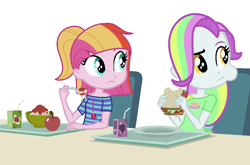 Size: 1008x666 | Tagged: safe, artist:furrydiva, coconut cream, toola roola, equestria girls, g4, apple, base used, eating, equestria girls-ified, female, food, juice, juice box, pasta, sandwich, simple background, spaghetti, white background