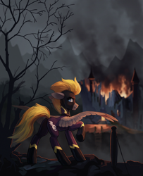 Size: 2364x2910 | Tagged: safe, artist:koviry, oc, oc only, oc:blaze (shadowbolt), pegasus, pony, clothes, commission, costume, fire, high res, looking back, male, raised hoof, ruins, shadowbolts costume, solo, underhoof
