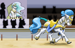 Size: 2096x1346 | Tagged: safe, artist:invertigo, princess celestia, pony, g4, armor, dressage, female, male, mare, royal guard, stallion