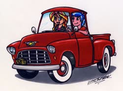 Size: 1024x762 | Tagged: safe, artist:sketchywolf-13, sunset shimmer, oc, human, equestria girls, g4, canon x oc, chevrolet, commission, driving, duo, female, male, palindrome get, pickup truck, simple background, straight, traditional art, white background