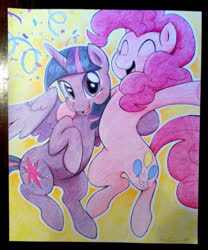 Size: 1659x1995 | Tagged: safe, artist:mmmenagerie, pinkie pie, twilight sparkle, alicorn, earth pony, pony, g4, colored pencil drawing, cute, diapinkes, female, mare, traditional art, twiabetes, twilight sparkle (alicorn)
