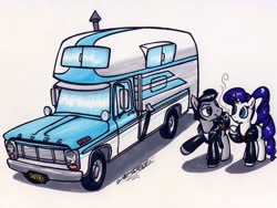 Size: 1024x772 | Tagged: safe, artist:sketchywolf-13, rarity, oc, oc:sketchy, earth pony, pony, unicorn, g4, camper, cigarette, clothes, cutie mark, female, ford, ford f-150, horn, jacket, leather jacket, male, mare, pickup truck, simple background, smoking, stallion, traditional art, white background