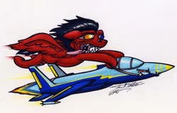 Size: 1024x654 | Tagged: safe, artist:sketchywolf-13, oc, oc only, pegasus, pony, bloodshot eyes, commission, jet, jet fighter, male, plane, rat fink, sharp teeth, simple background, solo, stallion, teeth, tongue out, traditional art, white background, wings