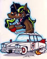 Size: 1024x1282 | Tagged: safe, artist:sketchywolf-13, oc, oc only, pony, unicorn, 2014, 59 cadillac, ambulance, bloodshot eyes, cadillac, car, commission, ecto-1, female, fire, ghostbusters, horn, mare, rat fink, sharp teeth, simple background, smoke, solo, station wagon, teeth, traditional art, white background