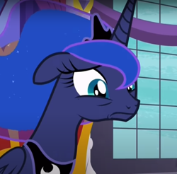 Size: 694x682 | Tagged: safe, screencap, princess luna, alicorn, pony, a royal problem, g4, ashamed, bags under eyes, chestplate, cropped, crown, cyan eyes, ethereal mane, female, floppy ears, folded wings, frown, guilty, jewelry, mare, regalia, sad, solo, starry mane
