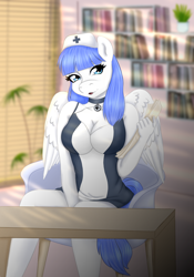 Size: 1400x2000 | Tagged: safe, artist:jerraldina, oc, oc only, oc:snow pup, pegasus, anthro, bookshelf, breasts, collar, female, hat, holding paper, nurse hat, nurse outfit, sitting, solo, table